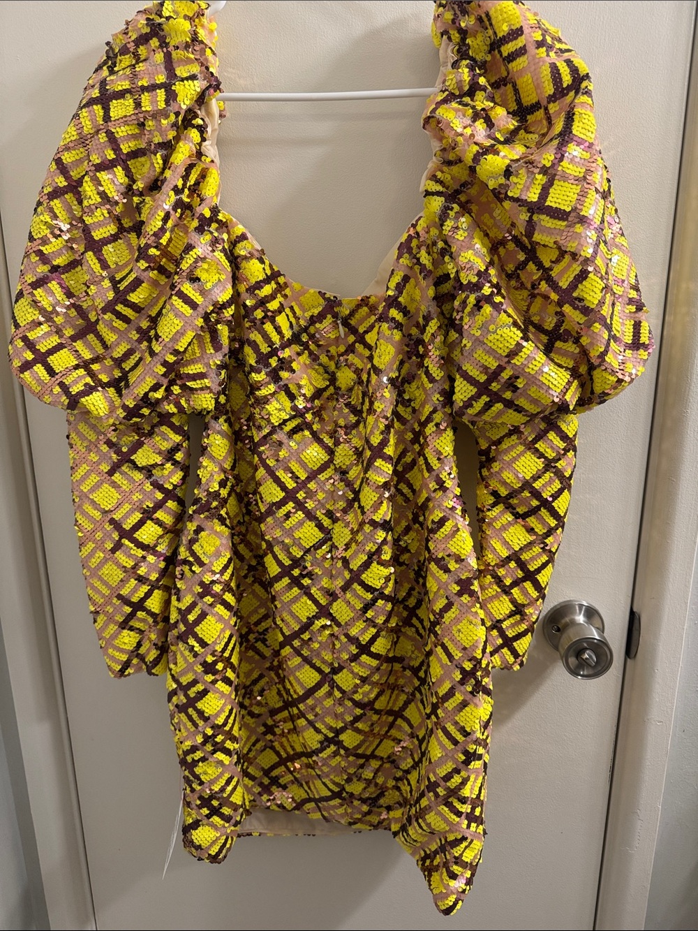 ASOS LUXE Yellow Plaid Sequin Puff-Sleeve Mini Dress - Picture 3 of 12